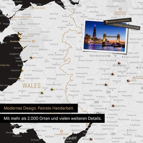Excerpt of a map of Wales and England in black and white with pins marking visited travel destinations
