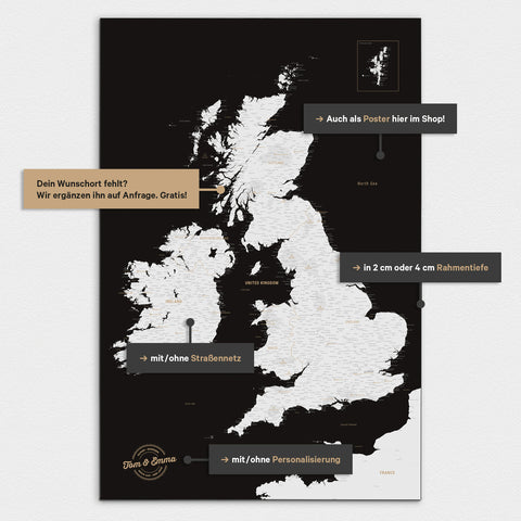 Vielfältige Konfigurationsmöglichkeiten einer England-Karte in Schwarz-Weiß