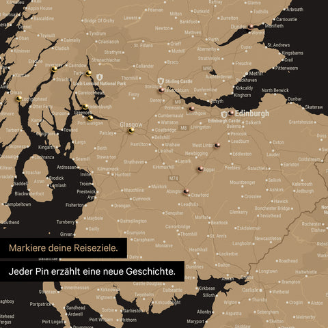 Detail of an England & Great Britain map as a Sonar Black (black-and-gold) pinboard canvas, featuring a map section of Scotland