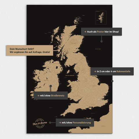 Vielfältige Konfigurationsmöglichkeiten einer England-Karte in Sonar Black (Schwarz-Gold)