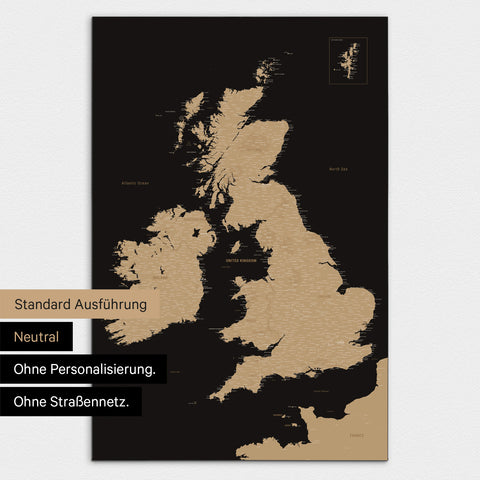Neutrale Ausführung einer England-Karte in Farbe Sonar Black (Schwarz-Gold) ohne Personalisierung