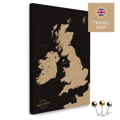 Englandkarte mit Irland in Farbe Sonar Black (Schwarz-Gold) als Pinnwand Leinwand zum Pinnen und Markieren von Reisezielen