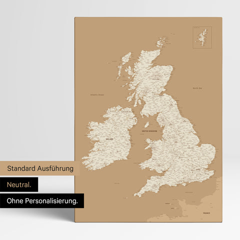 Neutral version of an England & Great Britain map in Treasure Gold color without personalization