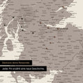 Detail of an England & Great Britain map as a warm gray-colored pinboard canvas featuring a map section of Scotland