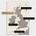 Vielfältige Konfigurationsmöglichkeiten einer England-Karte in Warmgray (Braun-Grau)