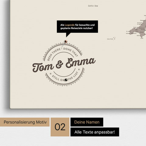 Personalized England map as a Warmgray Push Pin Map with printed names and a legend for marking visited places