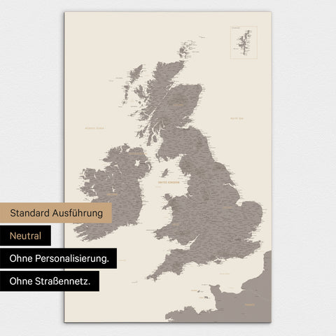 Neutrale Ausführung einer England-Karte in Farbe Warmgray (Braun-Grau) ohne Personalisierung