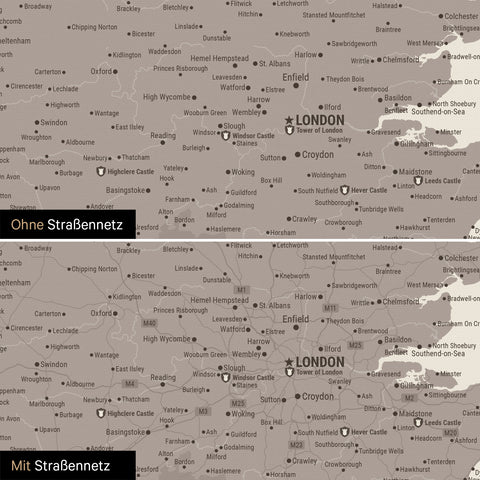 England (Great Britain) & Ireland map TRAVEL® Push Pin Map – Warm Gray