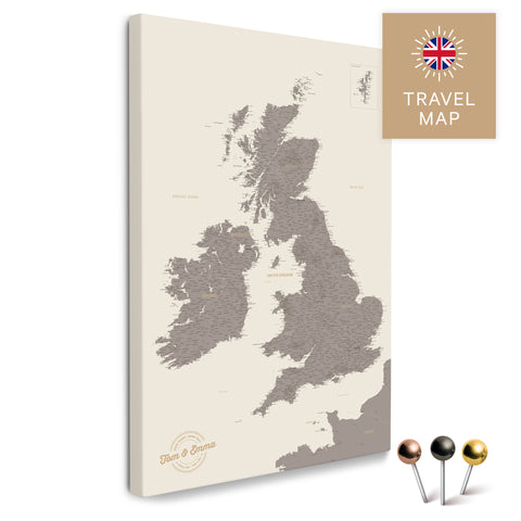 Englandkarte mit Irland in Farbe Warmgray (Braun-Grau) als Pinnwand Leinwand zum Pinnen und Markieren von Reisezielen