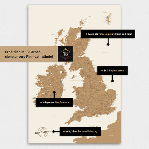 Verschiedene Konfigurationsmöglichkeiten für ein individuelles Poster einer England-Karte