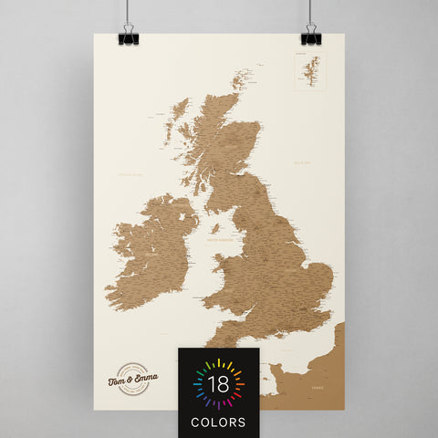 England und Schottland Landarte in 18 verschiedenen Farben als Poster zum Pinnen und Markieren von Reisezielen