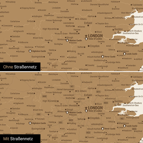Comparison of an England map with and without a road network