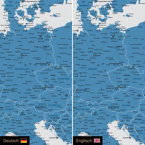 Europa Landkarte Design in Blau optional in deutscher oder englischer Sprache