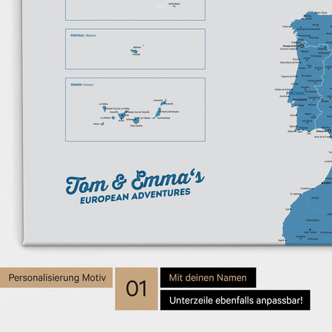 Landkarte von Europa als Pinnwand Leinwand in Blau mit Personalisierung und Namen