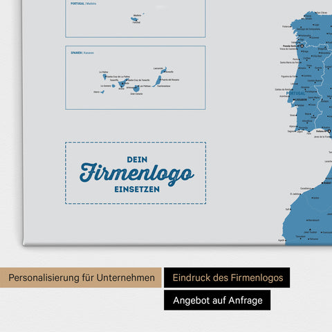 Europa Landkarte Pinnwand in Blau mit Eindruck eines Firmenlogos für Unternehmen