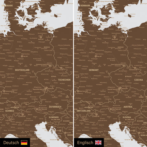 Europa Landkarte Design in Braun optional in deutscher oder englischer Sprache