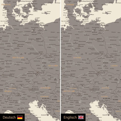 Europa Landkarte Design in Warmgray (Braun-Grau) optional in deutscher oder englischer Sprache