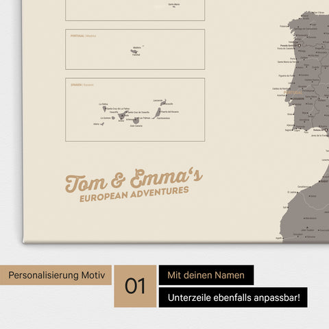 Landkarte von Europa als Pinnwand Leinwand in Warmgray (Braun-Grau) mit Personalisierung und Namen