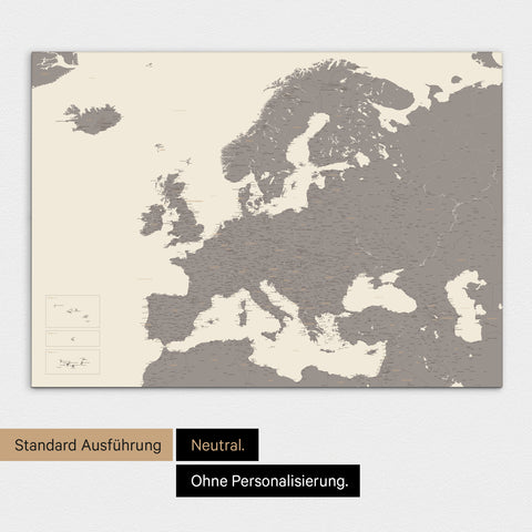 Neutrale Standard Ausführung der detaillierten Europakarte als Pinnwand Leinwand in Warmgray (Braun-Grau)