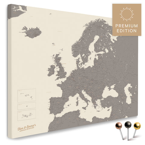Europakarte in Warmgray (Braun-Grau) als Leinwand zum Pinnen von Reisen und Orten