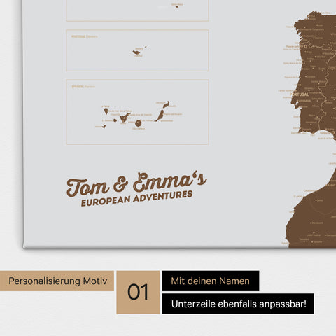 Landkarte von Europa als Pinnwand Leinwand in Braun mit Personalisierung und Namen