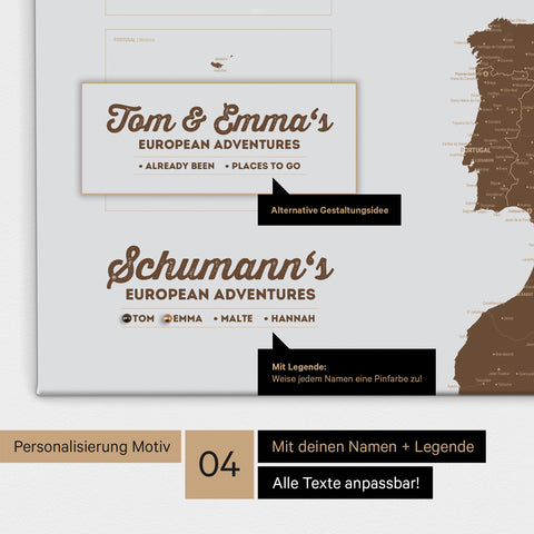 Europa Landkarte als Leinwand in Braun mit Personalisierung als Logo mit Familiennamen