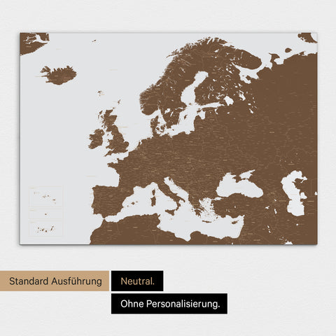 Neutrale Standard Ausführung der detaillierten Europakarte als Pinnwand Leinwand in Braun