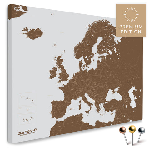 Europakarte in Braun als Leinwand zum Pinnen von Reisen und Orten