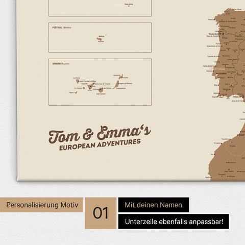 Landkarte von Europa als Pinnwand Leinwand in Bronze mit Personalisierung und Namen