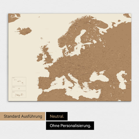 Neutrale Standard Ausführung der detaillierten Europakarte als Pinnwand Leinwand in Bronze