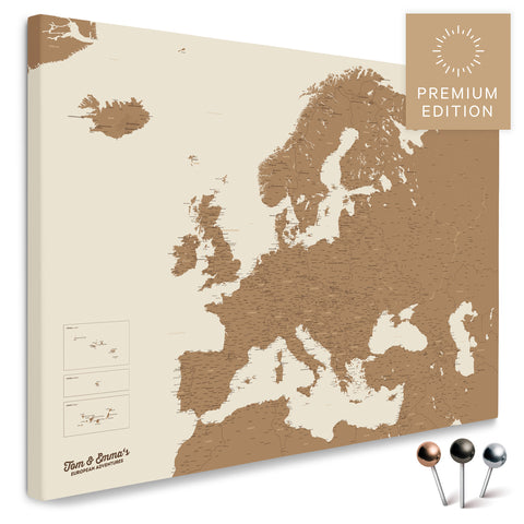 Europakarte in Bronze als Leinwand zum Pinnen von Reisen und Orten
