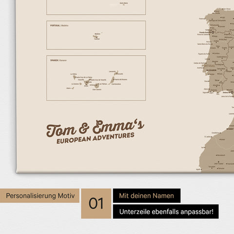 Landkarte von Europa als Pinnwand Leinwand in Desert Sand mit Personalisierung und Namen