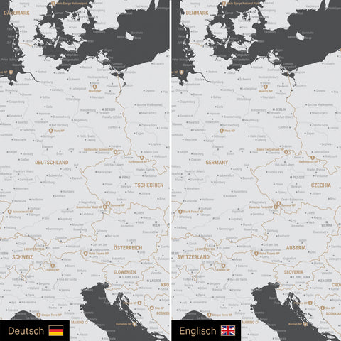 Europa Landkarte Design in Dunkelgrau optional in deutscher oder englischer Sprache