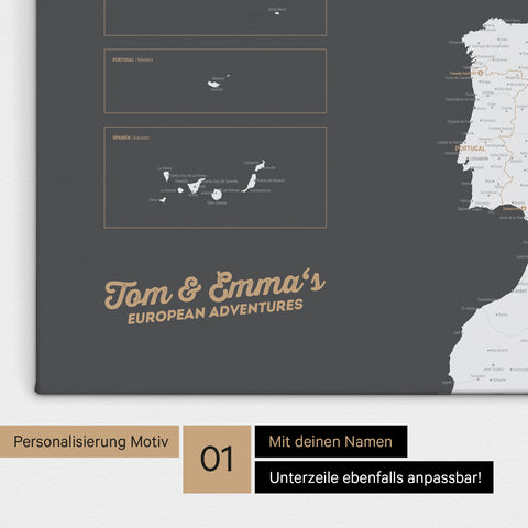 Landkarte von Europa als Pinnwand Leinwand in Dunkelgrau mit Personalisierung und Namen
