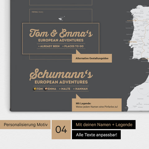 Europa Landkarte als Leinwand in Dunkelgrau mit Personalisierung als Logo mit Familiennamen