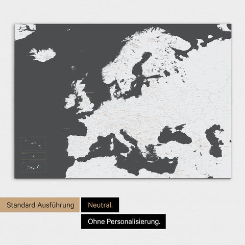 Neutrale Standard Ausführung der detaillierten Europakarte als Pinnwand Leinwand in Dunkelgrau