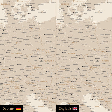 Europa Landkarte Design in Gold optional in deutscher oder englischer Sprache