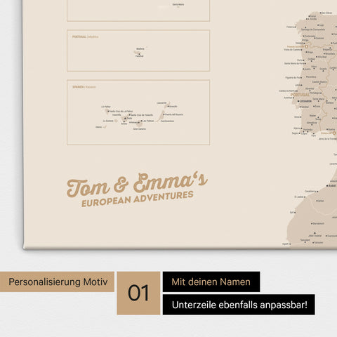 Landkarte von Europa als Pinnwand Leinwand in Gold mit Personalisierung und Namen