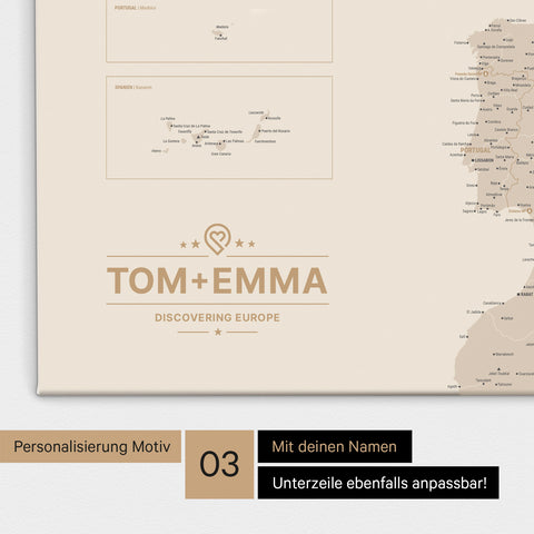 Europakarte zum Pinnen in Gold mit alternativer Personalisierung in einem sehr modernen Erscheinungsbild