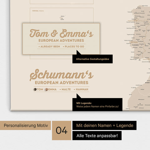 Europa Landkarte als Leinwand in Gold mit Personalisierung als Logo mit Familiennamen