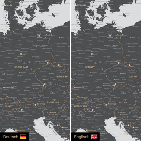 Europa Landkarte Design in Grau optional in deutscher oder englischer Sprache