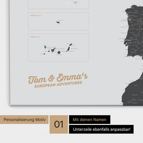 Landkarte von Europa als Pinnwand Leinwand in Grau mit Personalisierung und Namen