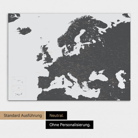 Neutrale Standard Ausführung der detaillierten Europakarte als Pinnwand Leinwand in Grau