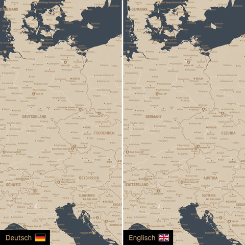 Europa Landkarte Design in Hale Navy (Blau-Gold) optional in deutscher oder englischer Sprache