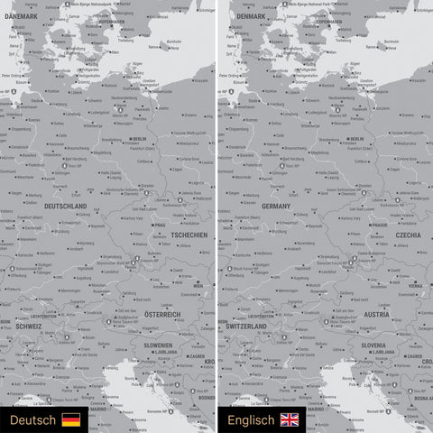 Europa Landkarte Design in Hellgrau optional in deutscher oder englischer Sprache