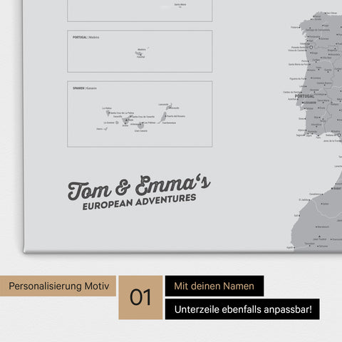 Landkarte von Europa als Pinnwand Leinwand in Hellgrau mit Personalisierung und Namen