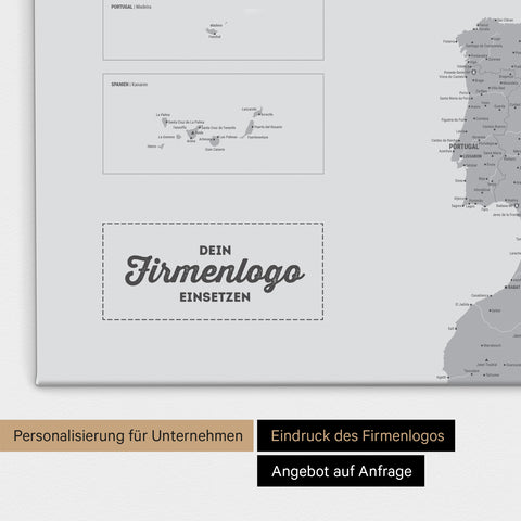 Europa Landkarte Pinnwand in Hellgrau mit Eindruck eines Firmenlogos für Unternehmen