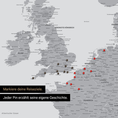 Pins stecken in einer Europa Landkarte in der Farbe Hellgrau und markieren Reisezielen 