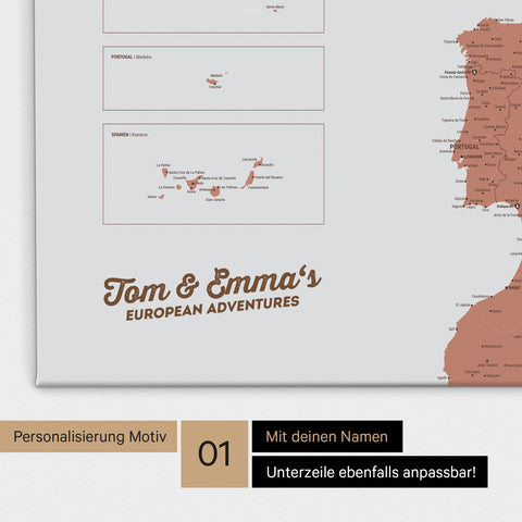 Landkarte von Europa als Pinnwand Leinwand in Kupfer mit Personalisierung und Namen