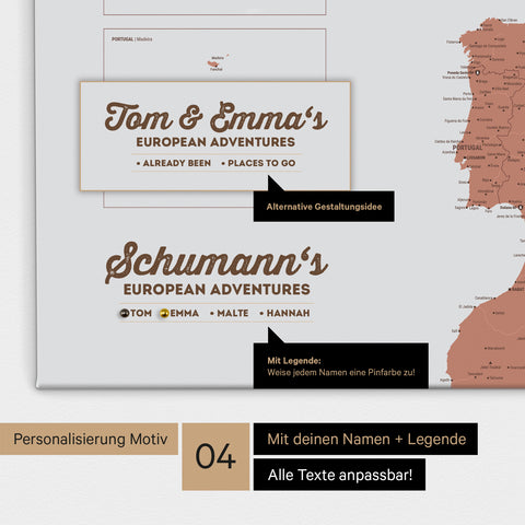 Europa Landkarte als Leinwand in Kupfer mit Personalisierung als Logo mit Familiennamen